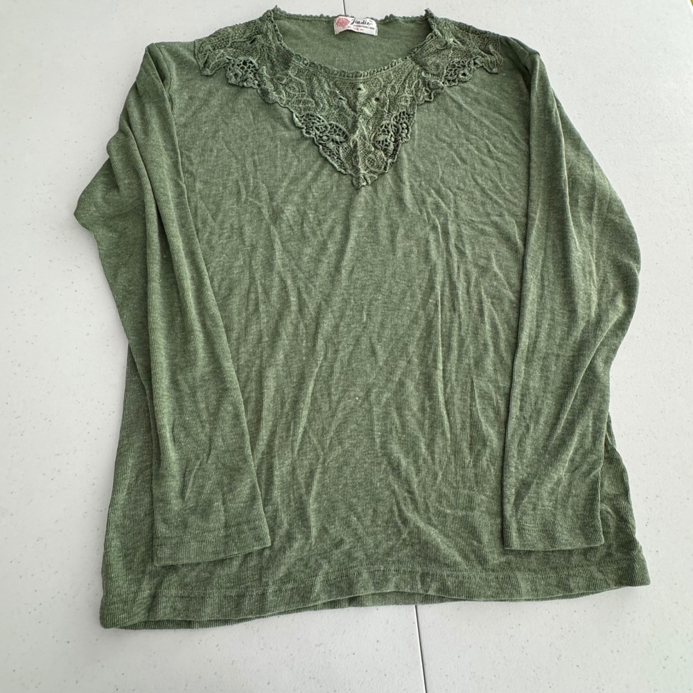 Cottagecore Vintage Fairy Green Lace Trim Ribbed Knit Top Womens Y2K 2000s Shirt